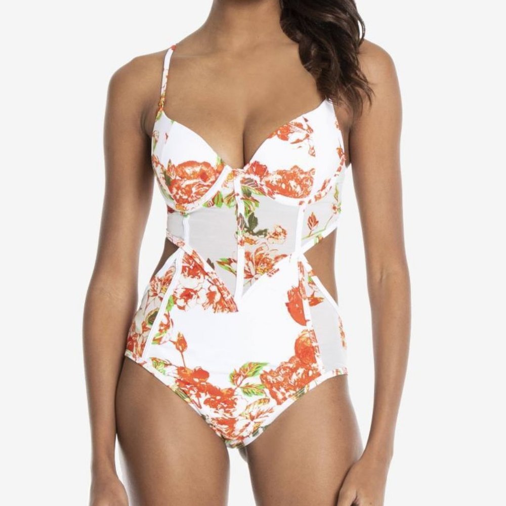 NWT! Rachel Roy White Floral Underwire Mesh Inset One Piece Swimsuit NEW!